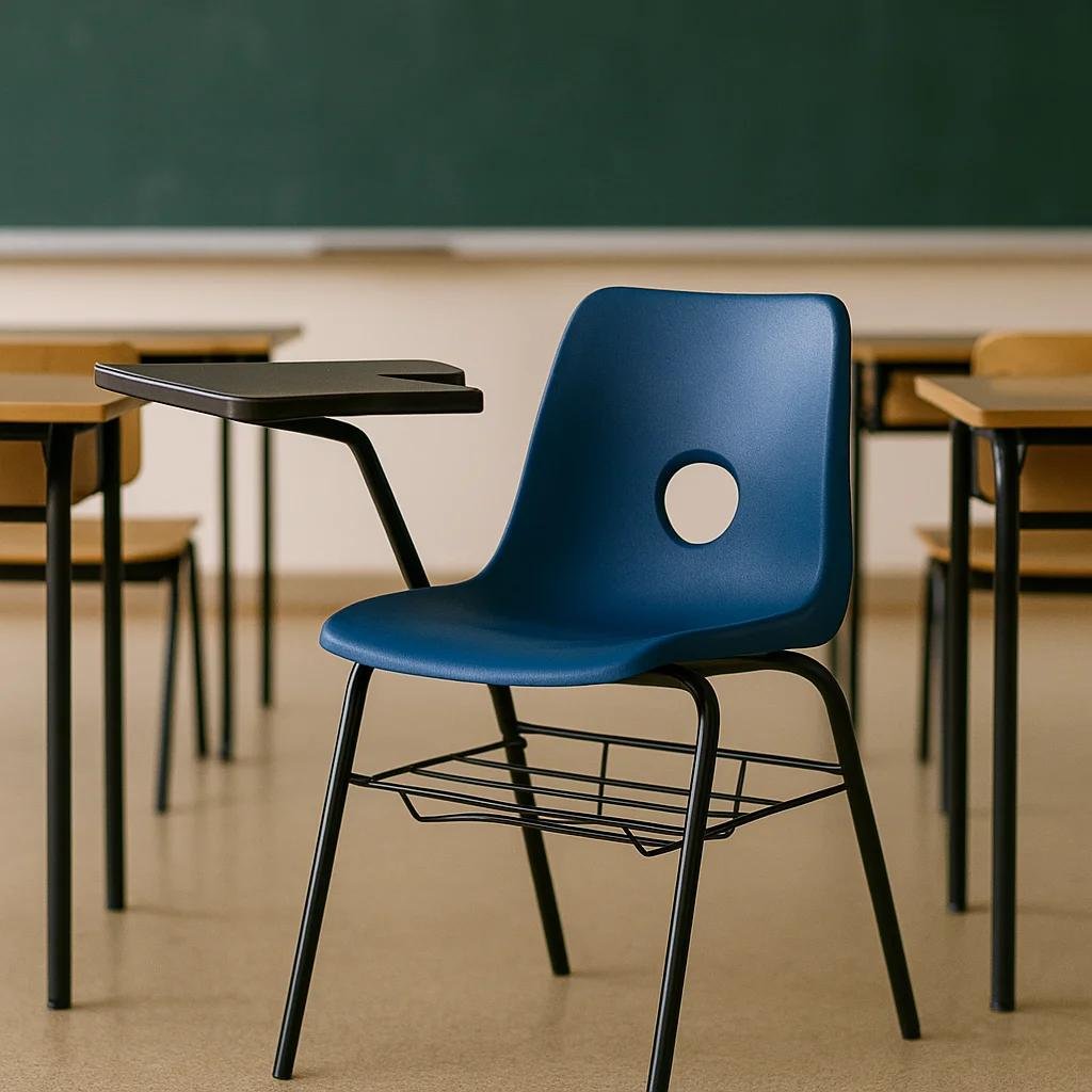 Una silla con paleta integrada pensada para estudiantes de primaria. Diseño ergonómico, resistente y funcional para brindar comodidad y orden en el aula.