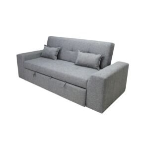 Sofá cama moderno Cozy Rest en tela color gris oxford con patas de madera ScrivaniaMx.