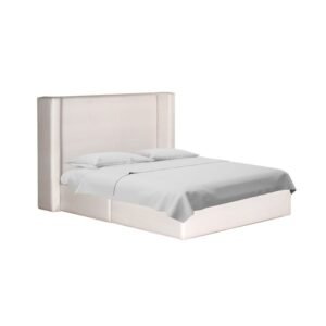 Vista angular en perspectiva de tres cuartos de la cama Lorde de Scrivania con cabecera alta tapizada con orejas laterales en tono claro. PDF