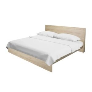 Vista angular en perspectiva de la cama Marseille de Scrivania en acabado madera de encino claro con cabecera minimalista.