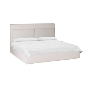 Cama de recámara moderna modelo Montreal tapizada en tela tipo borrego o bucle grueso, vista en perspectiva angular con colchón y almohadas.