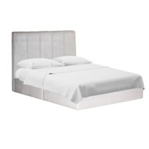 Cama de recámara moderna modelo Wisconsin tapizada en elegante tela de terciopelo premium, vista en perspectiva angular con colchón y sábanas blancas.