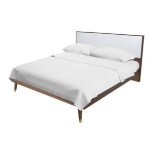 Vista angular en perspectiva de la cama Terra de Scrivania con cabecera alta tapizada en diseño lineal contemporáneo.