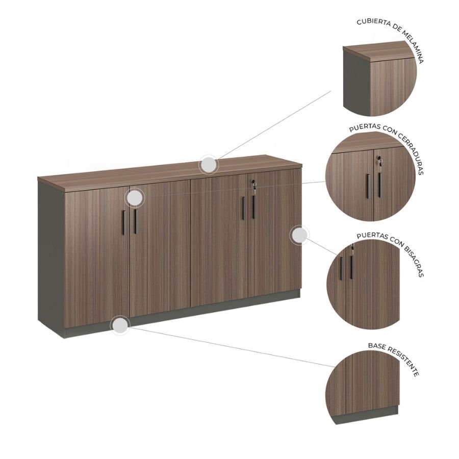 CREDENZA ZARINA Acercamientos a la cubierta de melamina bisagras y base resistente de la credenza Zarina en ScrivaniaMx