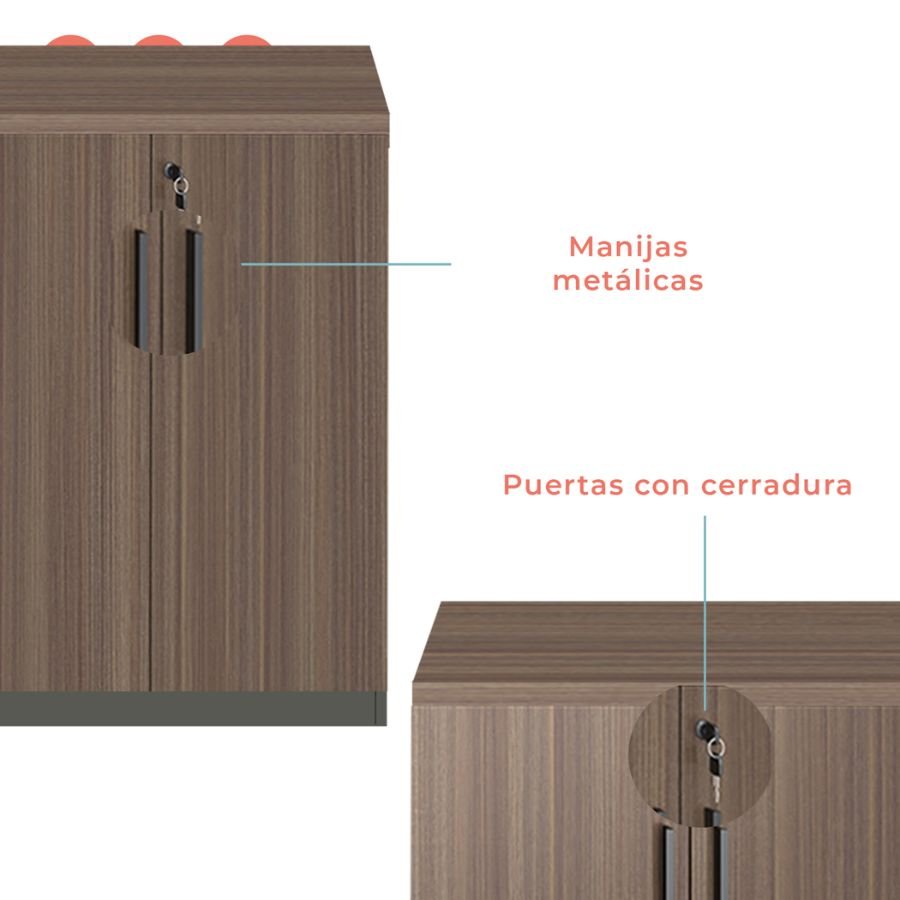 CREDENZA ZARINA Detalle de manijas metálicas y puertas con cerradura de la credenza Zarina en ScrivaniaMx