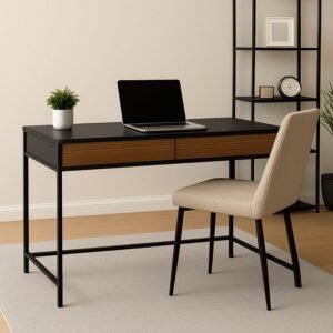 Credenza de archivo Dahshur en color nogal clasico con base de acero tubular negra ideal para oficinas principales.