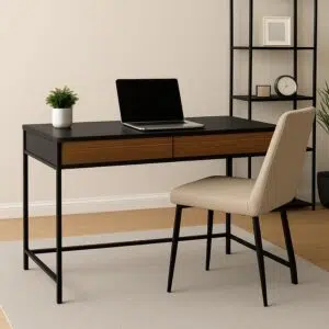 Credenza de archivo Dahshur en color nogal clasico con base de acero tubular negra ideal para oficinas principales.
