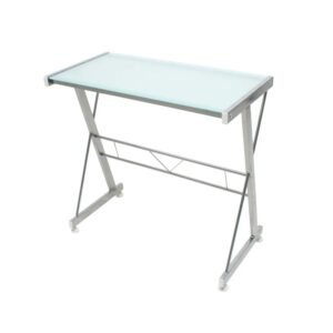 Escritorio minimalista Ónix de Scrivania con superficie de cristal templado esmerilado translúcido y estructura metálica cromada en Z. Mueble de diseño premium para oficinas ejecutivas.