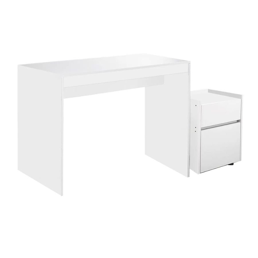 ESCRITORIO ORGANIZADOR TRENTO Vista lateral de perfil del escritorio con cajonera Trento de Scrivania en color blanco, destacando su profundidad optimizada para espacios compactos.