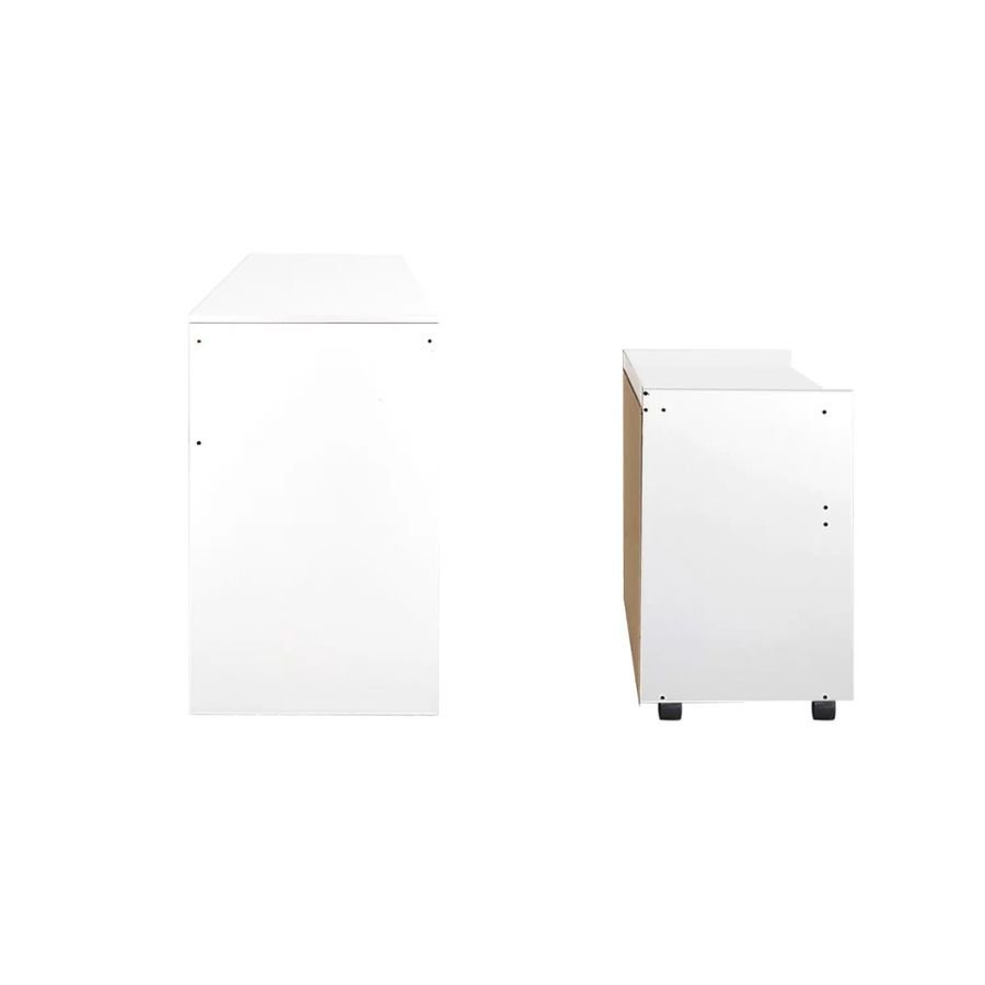 ESCRITORIO ORGANIZADOR TRENTO Detalle de la base y soportes inferiores del escritorio organizador Trento blanco de Scrivania, con gomas protectoras para cuidar el piso.