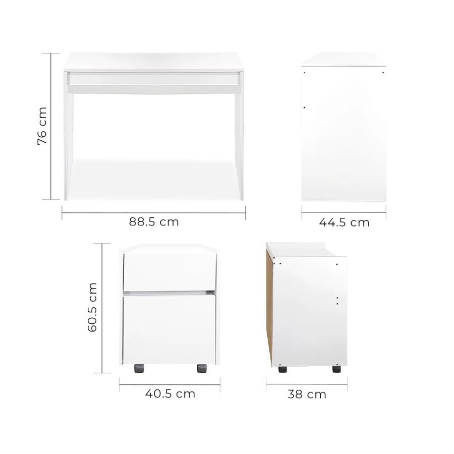 ESCRITORIO ORGANIZADOR TRENTO Plano con medidas exactas del escritorio con archivero Trento blanco, indicando el largo de la superficie, altura estándar y dimensiones de cajones.