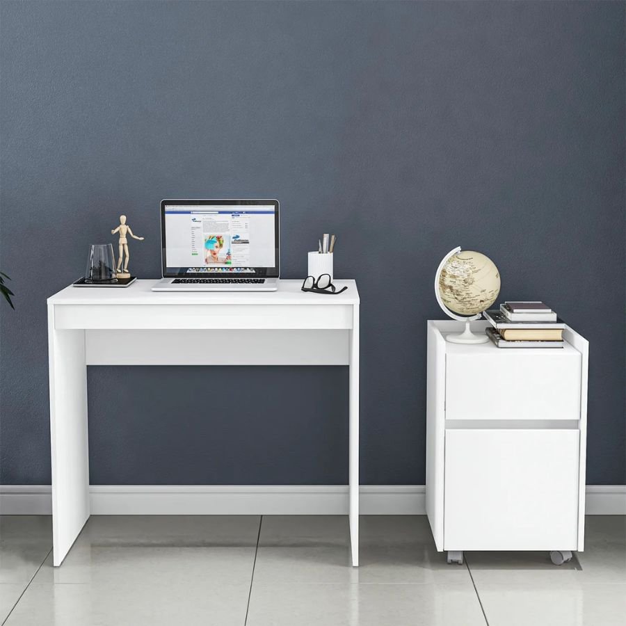 ESCRITORIO ORGANIZADOR TRENTO Guía visual de ensamble para el escritorio con cajonera Trento blanco de Scrivania, indicando un armado intuitivo paso a paso.