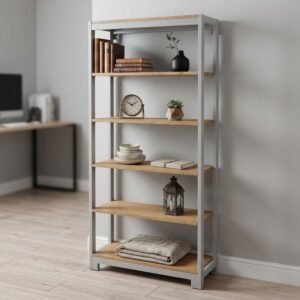 Librero industrial de ScrivaniaMx ambientado en un estudio u oficina en casa. El mueble tiene repisas de madera clara decoradas con libros antiguos, un reloj de mesa dorado, una pequeña planta suculenta, vajilla cerámica y una cobija tejida, mostrando su uso real y dimensiones de 160x85x29 cm.