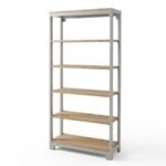 Librero de estilo industrial minimalista de ScrivaniaMx con 5 repisas de madera clara y estructura de metal gris. Medidas: 160 cm de alto x 85 cm de ancho x 29 cm de profundidad, ideal para organizar libros y decoración en oficinas o salas.