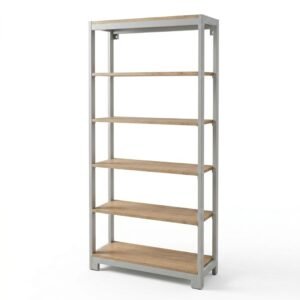 Librero de estilo industrial minimalista de ScrivaniaMx con 5 repisas de madera clara y estructura de metal gris. Medidas: 160 cm de alto x 85 cm de ancho x 29 cm de profundidad, ideal para organizar libros y decoración en oficinas o salas.