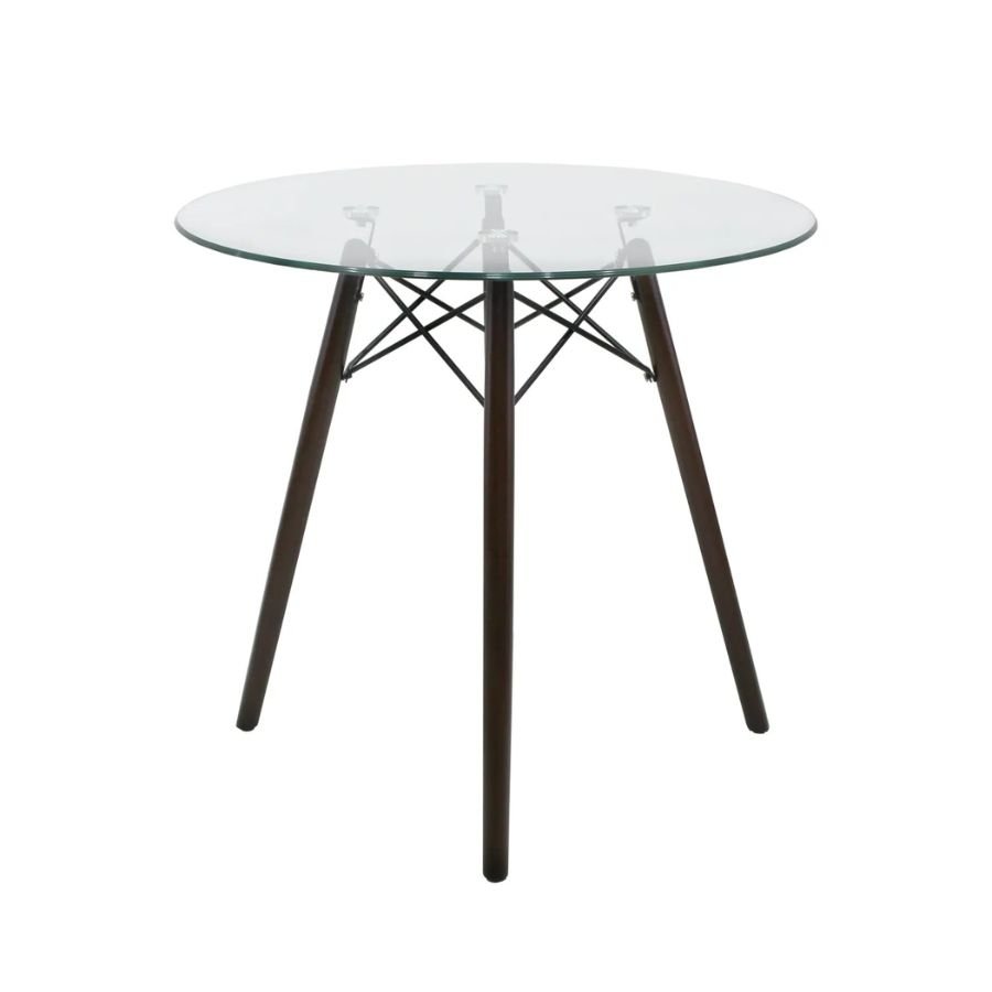 MESA HERMES Mesa de comedor redonda modelo Hermes con cubierta de vidrio templado biselado y base de madera sólida.