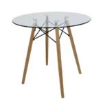 Mesa de comedor redonda modelo Hermes con cubierta de vidrio templado biselado y base de madera sólida.
