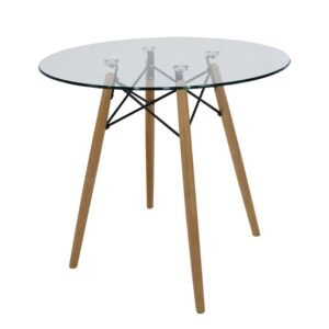 Mesa de comedor redonda modelo Hermes con cubierta de vidrio templado biselado y base de madera sólida.