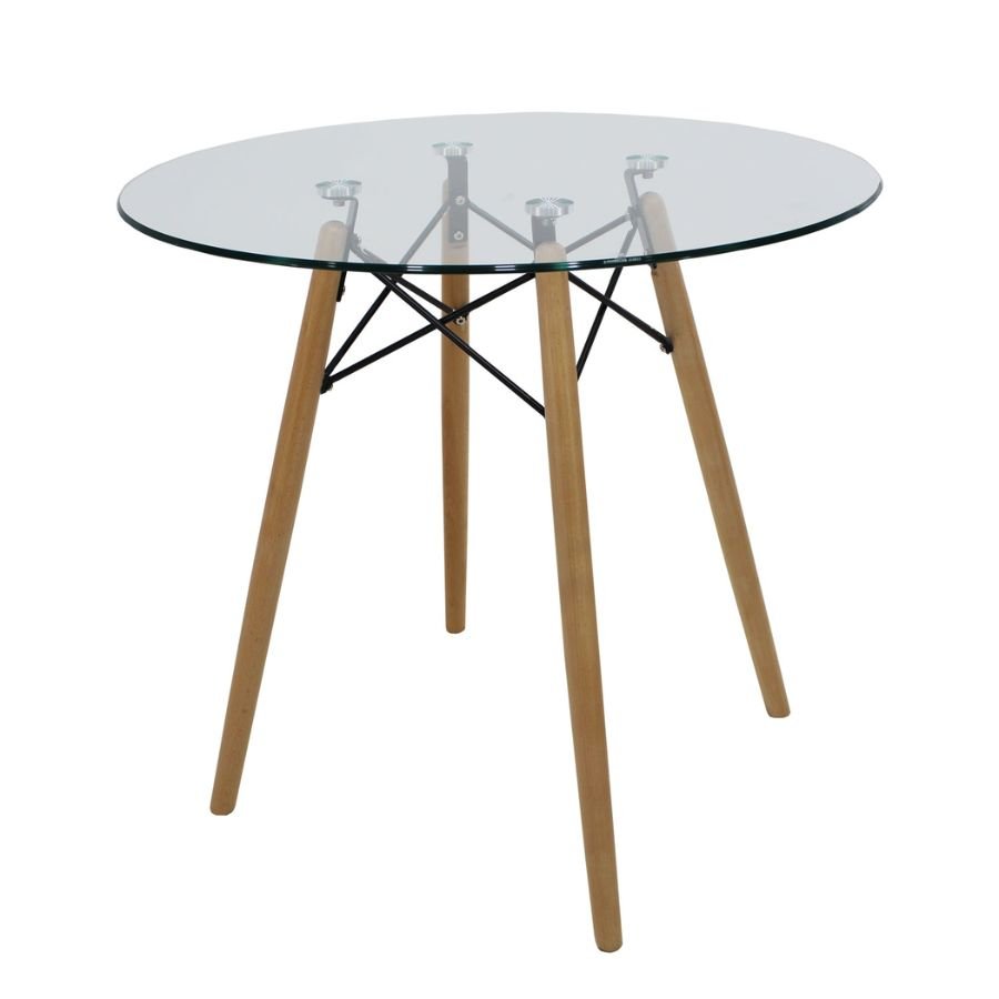 MESA HERMES Mesa de comedor redonda modelo Hermes con cubierta de vidrio templado biselado y base de madera sólida.
