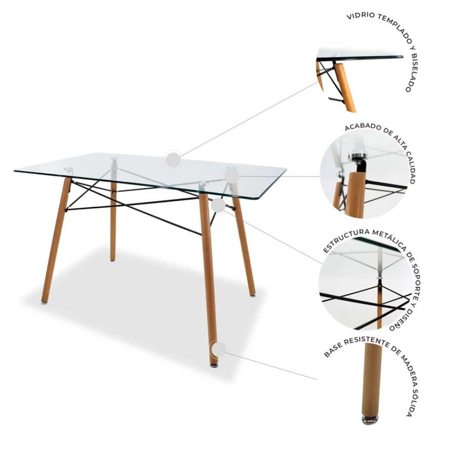 MESA HERMES R Esquema técnico de la estructura de la mesa Hermes R vidrio y roble