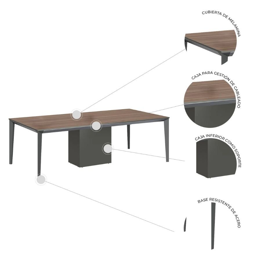 MESA PARA JUNTAS ZARINA Infografía técnica de la mesa Zarina con cubierta de melamina y base de acero en ScrivaniaMx