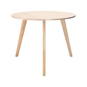 Mesa circular Orbit de madera clara de 1 metro de diametro con tres patas anguladas sobre fondo blanco de Scrivania.mx