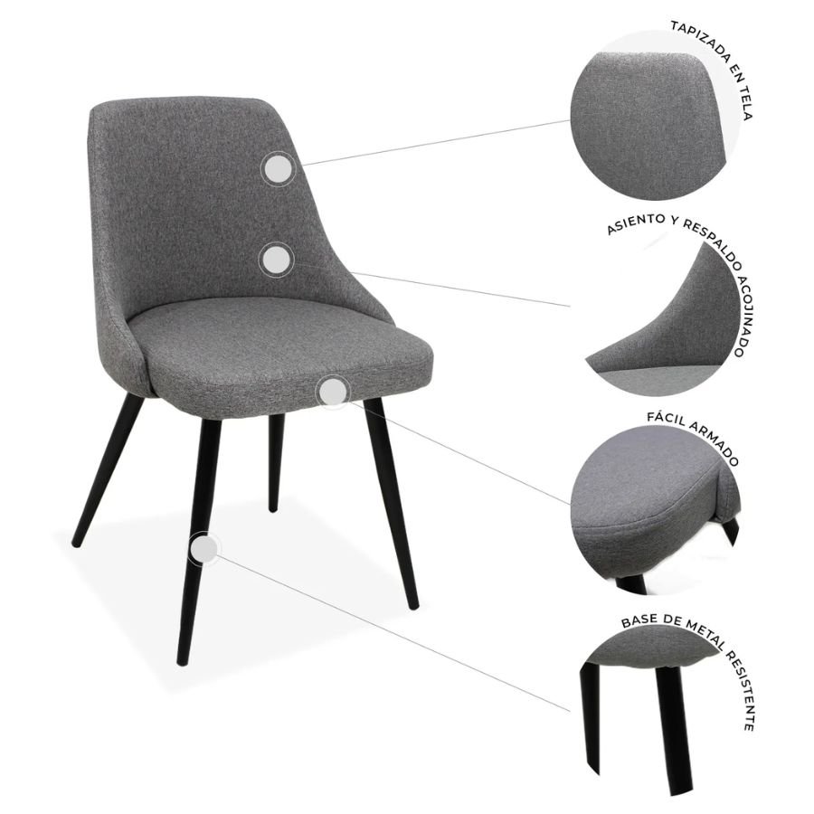 SILLA NORVEN Detalles técnicos de la silla Norven gris con asiento acojinado de ScrivaniaMX