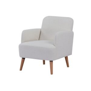 Sillón ocasional moderno modelo Tervani tapizado en tela de terciopelo premium color blanco, vista en perspectiva de tres cuartos.