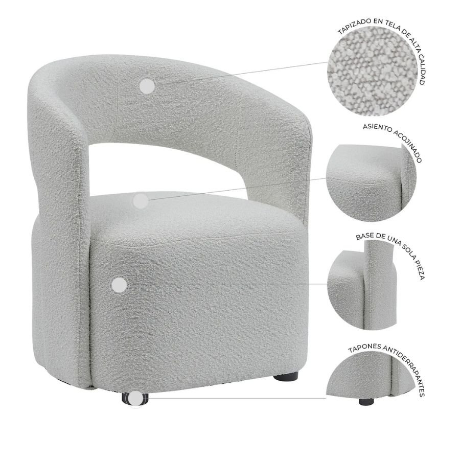 SILLÓN VITTORIO Detalles técnicos del sillón Vittorio con tela bouclé, asiento acojinado y base de ScrivaniaMX
