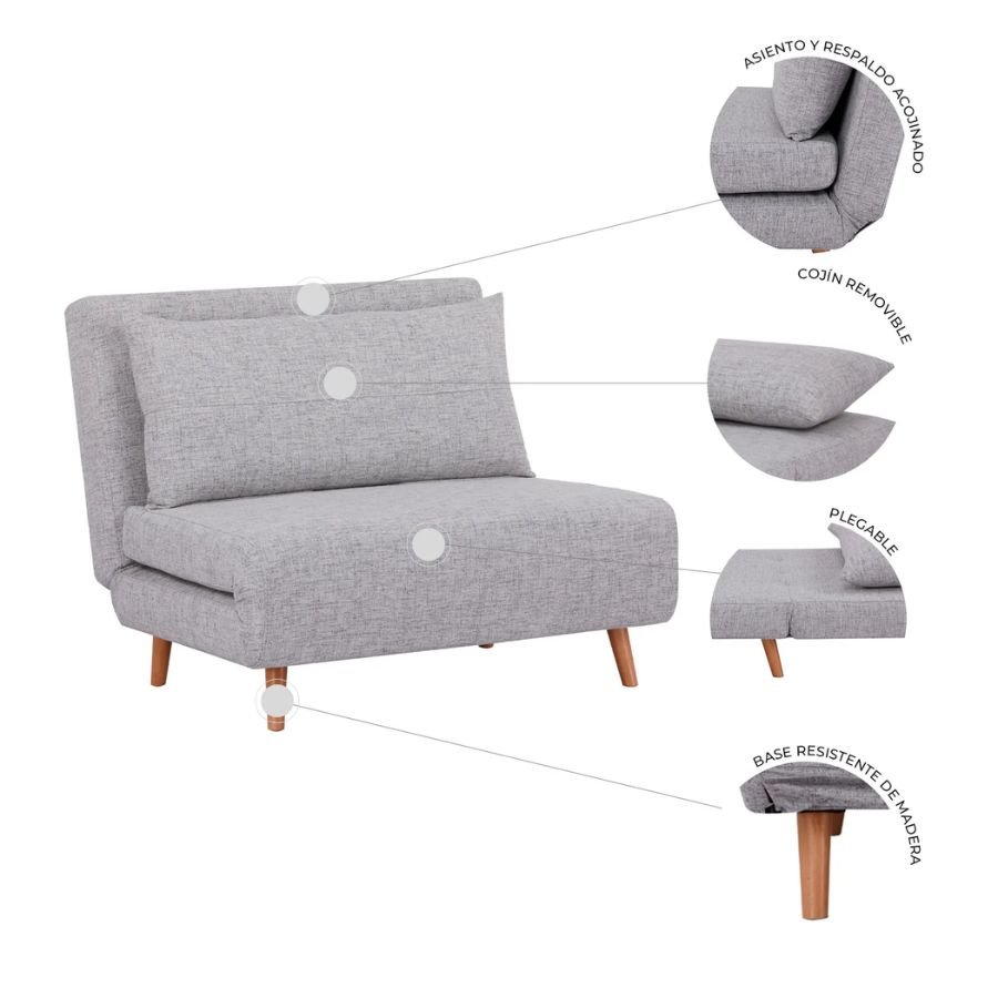 SOFÁ CAMA GEORGIA Infografía de componentes del sofá cama Georgia con base de madera y cojín removible ScrivaniaMx.