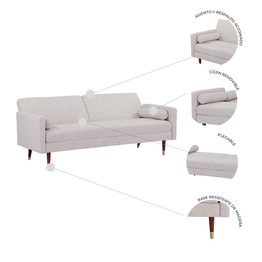 SOFÁ CAMA LECCARI Infografía de especificaciones técnicas y patas con recubrimiento metálico Leccari beige ScrivaniaMx.