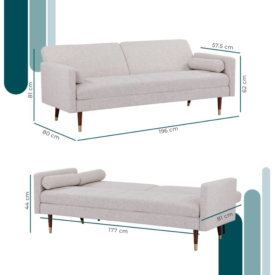 SOFÁ CAMA LECCARI Diagrama técnico con medidas de 196x81x80 cm del sofá cama Leccari beige ScrivaniaMx.