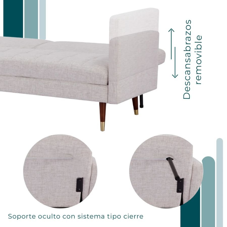 SOFÁ CAMA LECCARI Detalle del soporte oculto con sistema de cierre en sofá Leccari beige ScrivaniaMx.