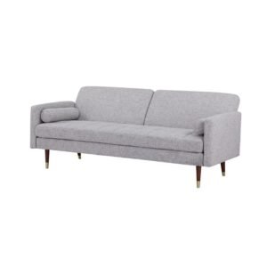 Sofá cama de tres plazas Leccari en tela gris con cojines cilíndricos ScrivaniaMx.