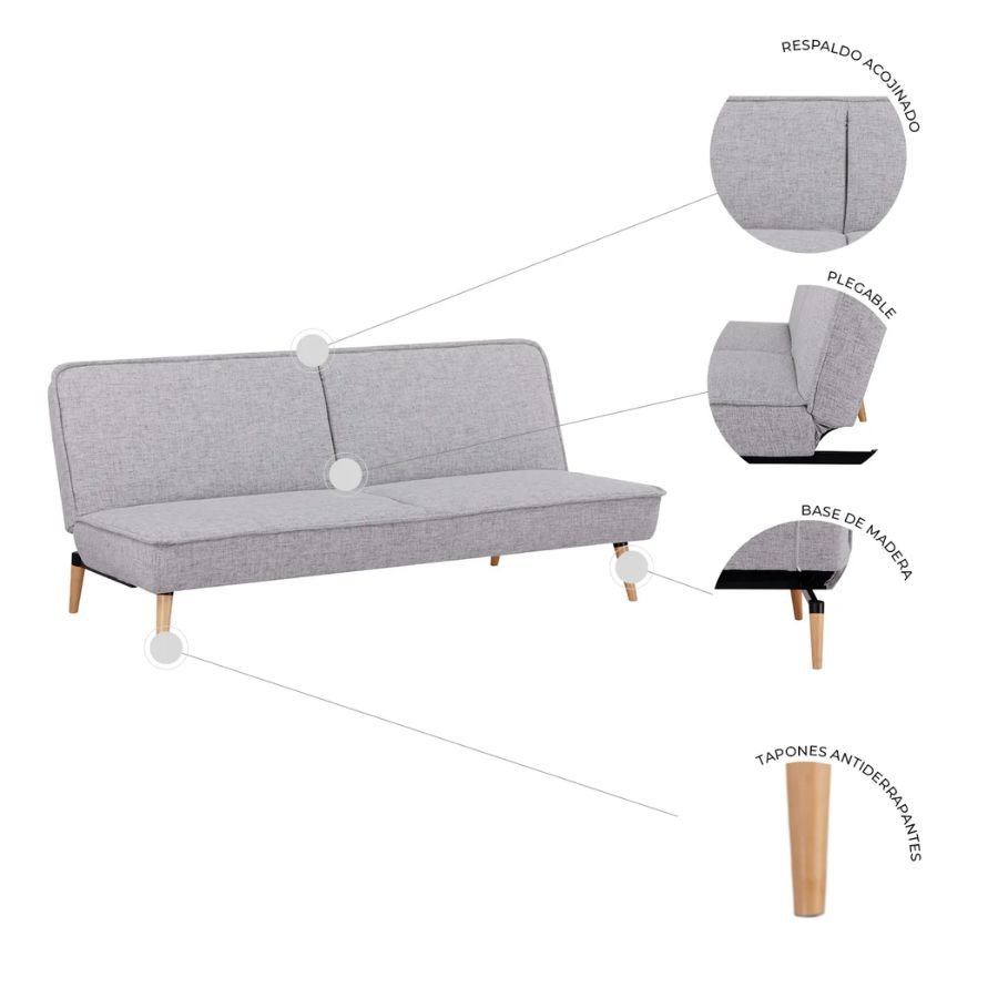 SOFÁ CAMA NOVELLE Detalles de la base de madera y tapones antideslizantes del sofá Novelle gris ScrivaniaMx.