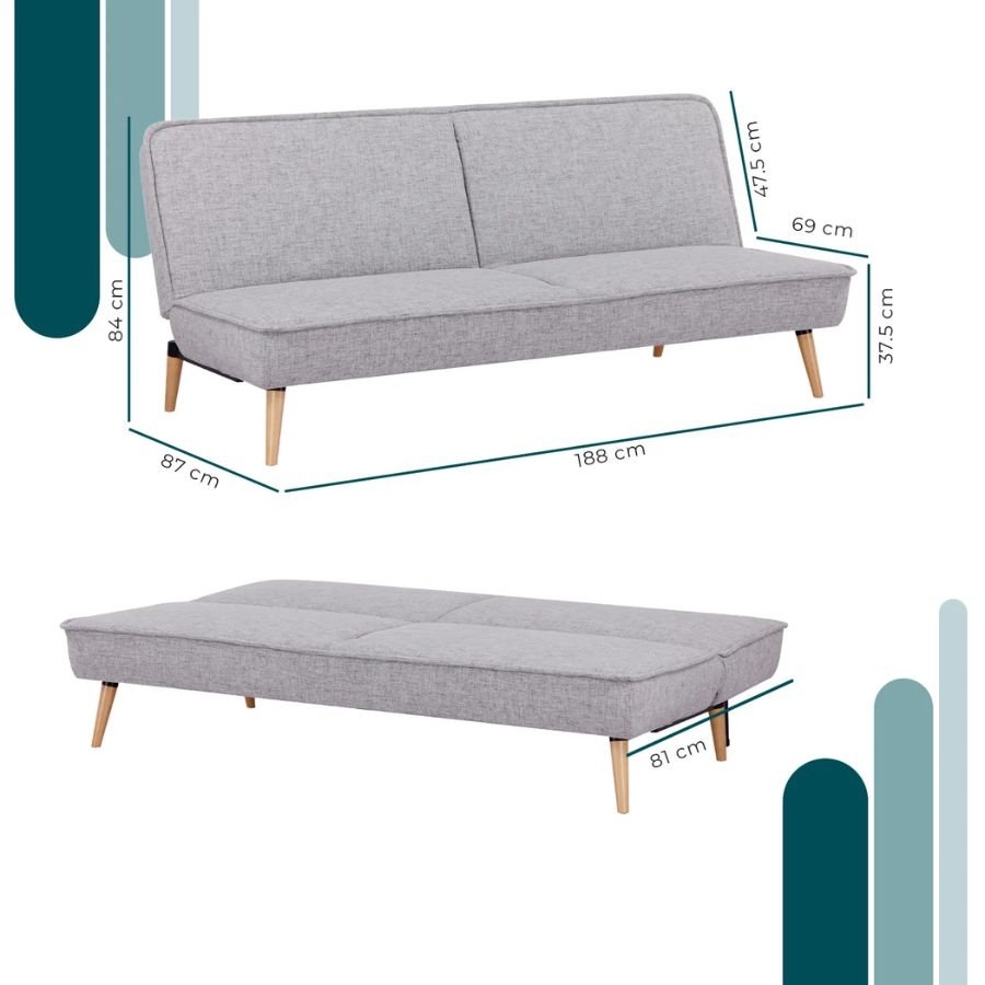 SOFÁ CAMA NOVELLE Infografía técnica con medidas de 188x87x84 cm del sofá cama Novelle gris ScrivaniaMx.