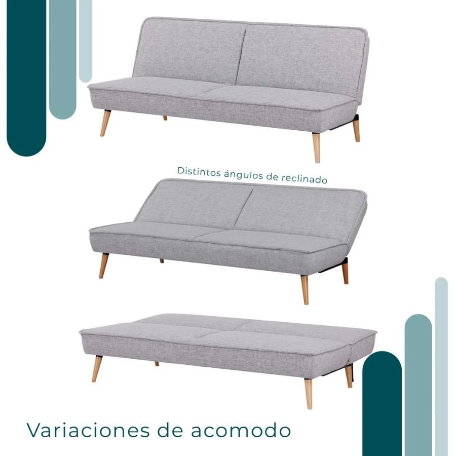 SOFÁ CAMA NOVELLE Mecanismo reclinable y posiciones de acomodo del sofá cama Novelle gris ScrivaniaMx.