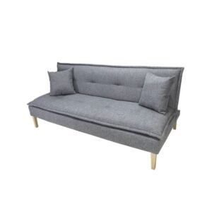 Sofá cama moderno Velutto en tela de fácil limpieza color mouse con patas de madera ScrivaniaMx.