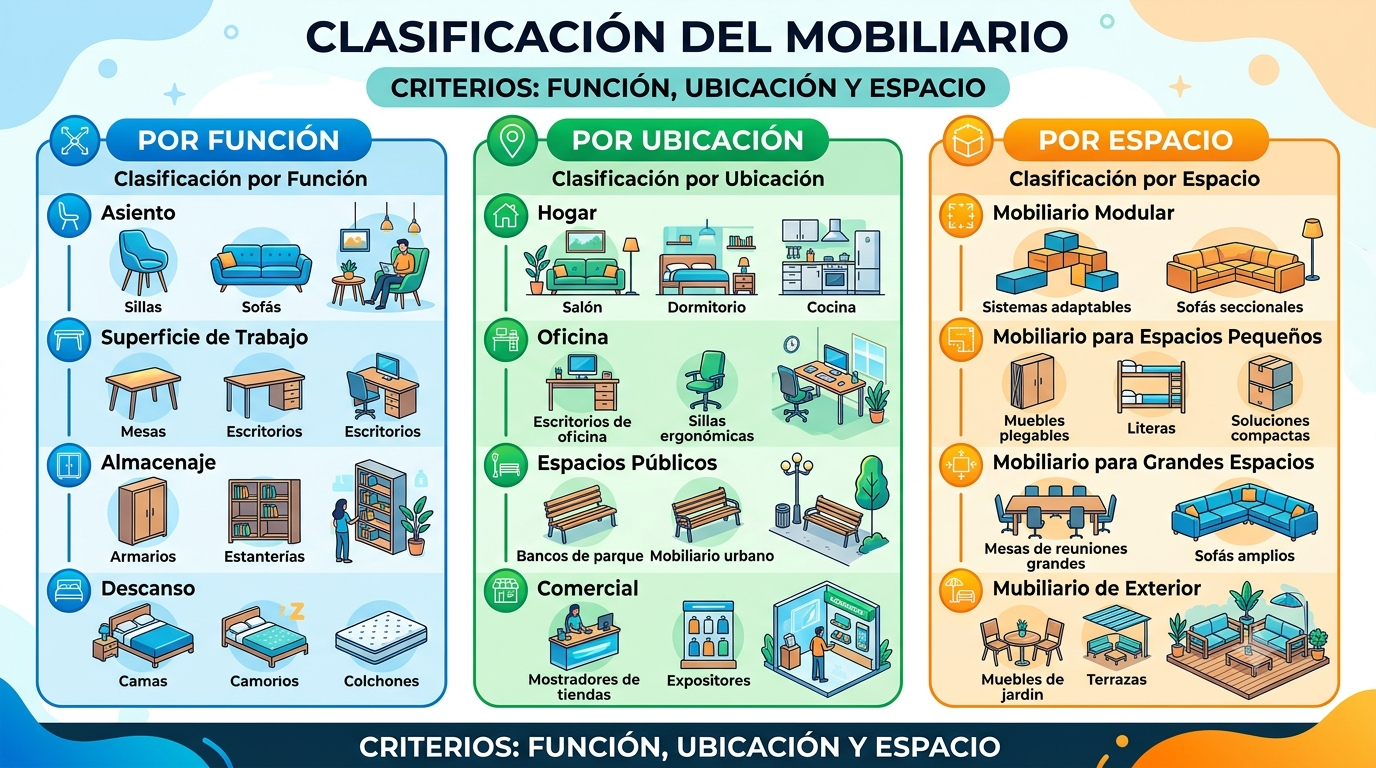 Clasificación del Mobiliario: Función, Ubicación y Espacio Clasificación del Mobiliario, diversidad