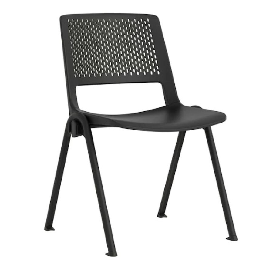 SILLA DE VISITA ENZO Silla de visita Enzo color negro en perspectiva con estructura normal y respaldo ergonómico perforado de ScrivaniaMx.
