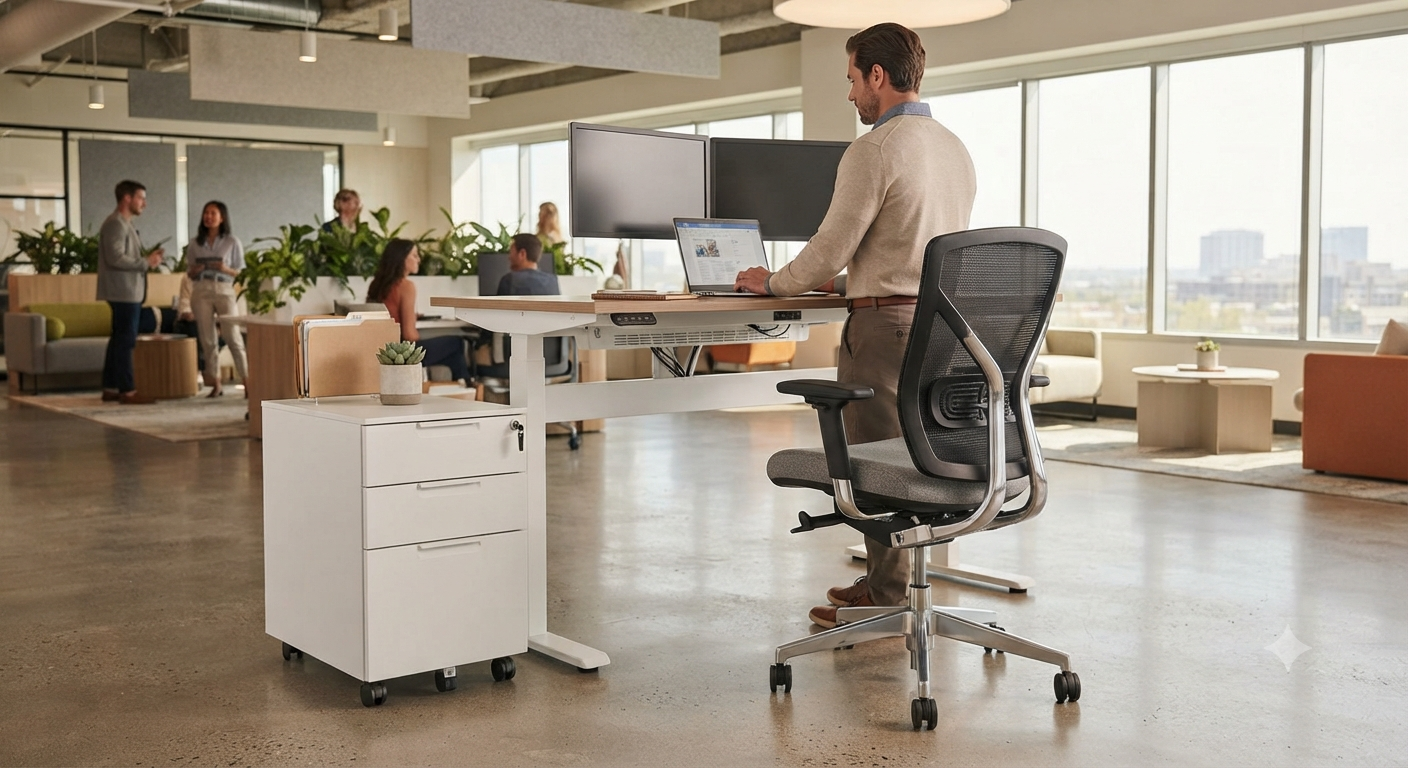 3 Muebles básicos de oficina: Silla, Escritorio y Archivero Entorno de oficina moderno con una estación de trabajo