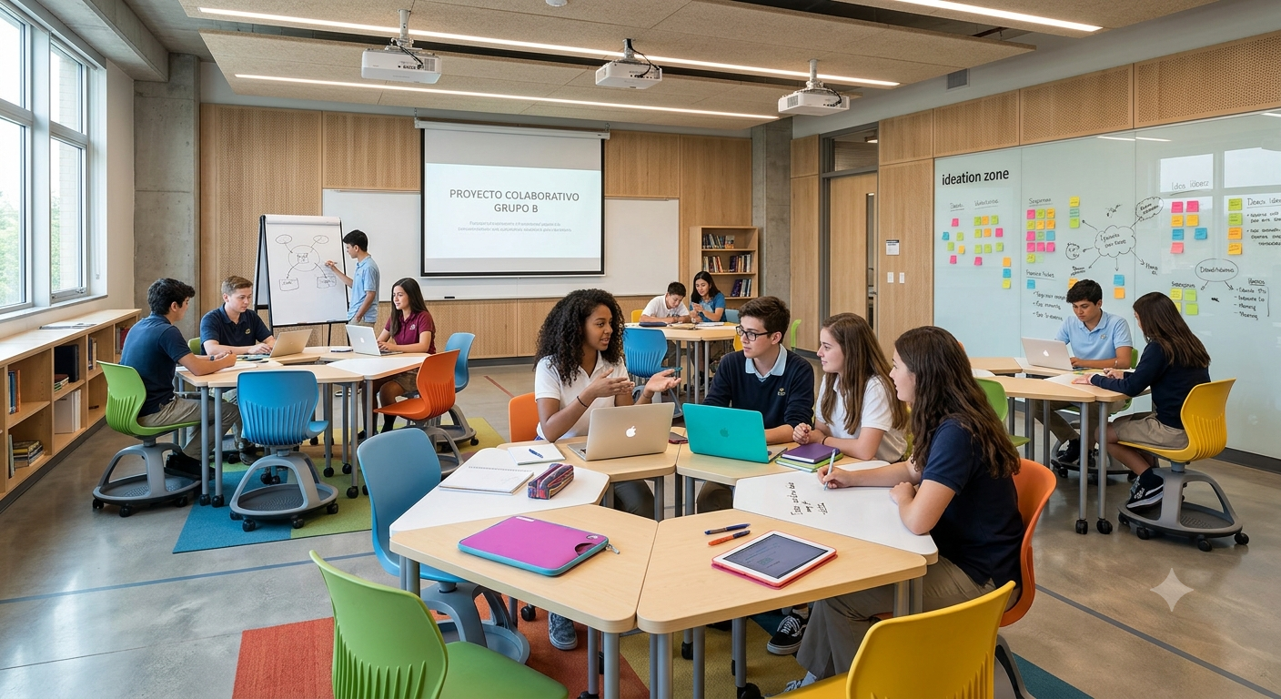 Aula moderna de aprendizaje activo, grupos en mesas hexagonales modulares y sillas ergonómicas con ruedas.