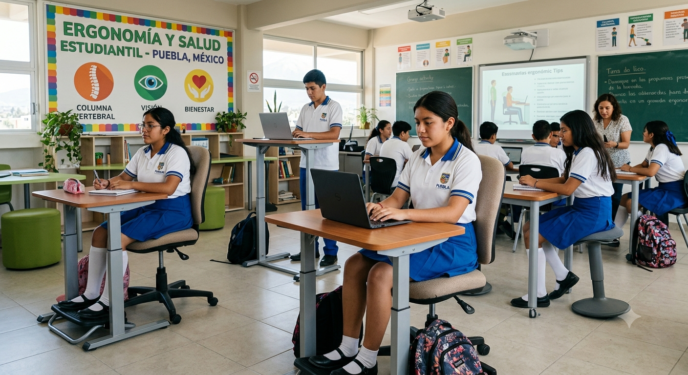 Ergonomía y Salud Estudiantil Alumnos interactuando en un entorno de aprendizaje saludable y tecnológico.