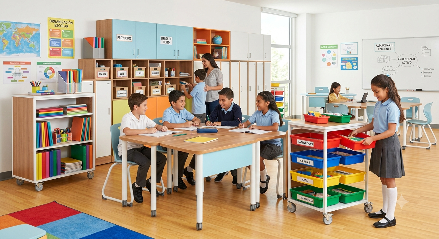 El espacio está equipado con diverso mobiliario escolar diseñado para un almacenaje eficiente