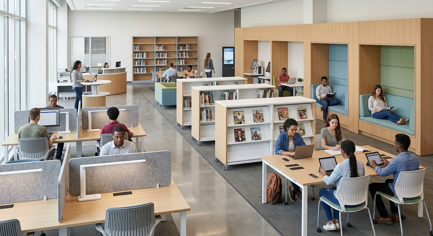 Mobiliario para Bibliotecas Un diseño interior moderno y versátil que transforma la biblioteca en un ecosistema de aprendizaje, colaboración y concentración.
