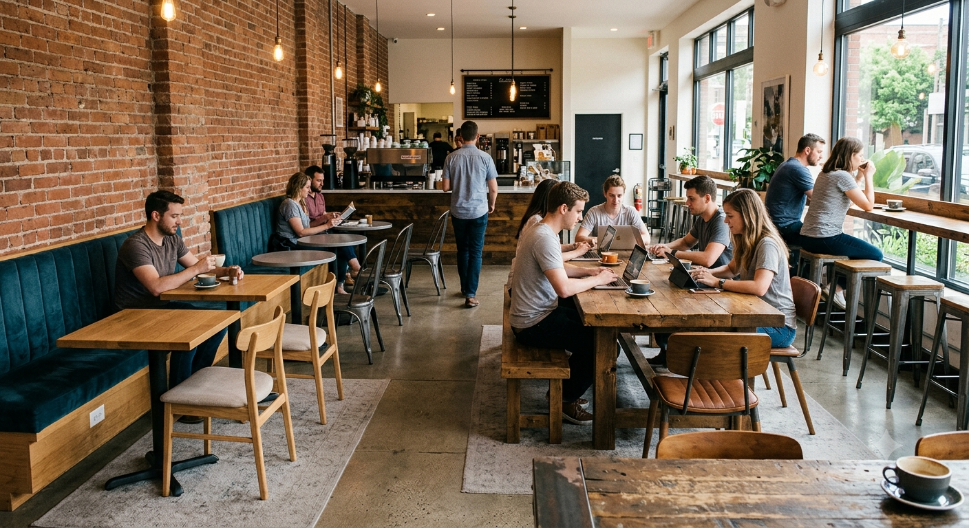Mobiliario para Cafeterías y exteriores Un interior de cafetería moderna con paredes de ladrillo visto y una mezcla de mobiliario