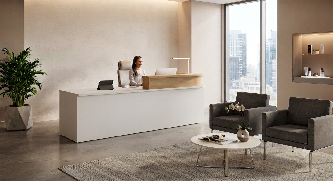 Recepción de oficina con mostrador, área de espera con sillones