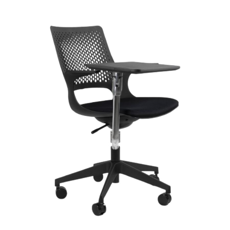 SILLA HEISS C/PALETA Silla ergonómica Heiss negra con paleta de escritura en perspectiva ScrivaniaMx