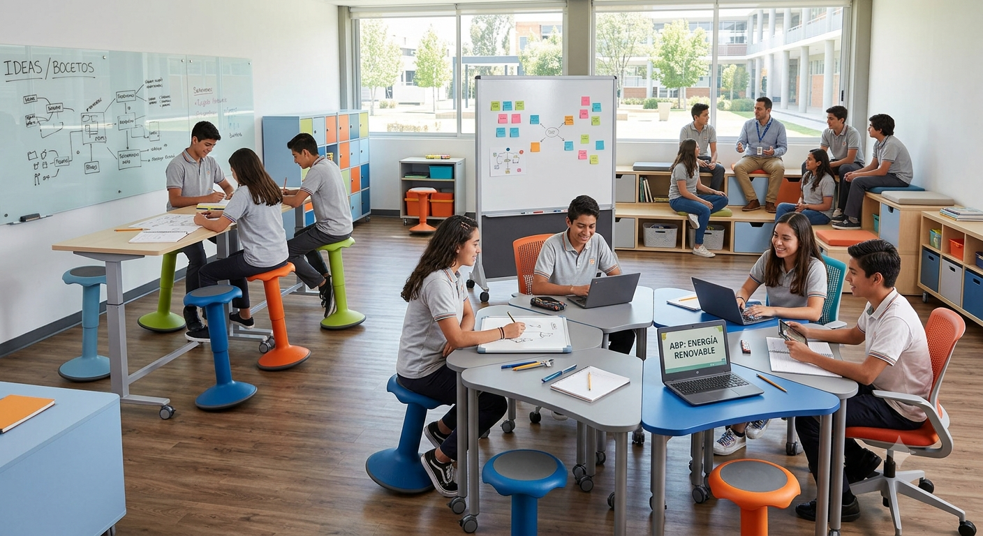 Un aula moderna, iluminada y activa, dividida en distintas zonas de aprendizaje